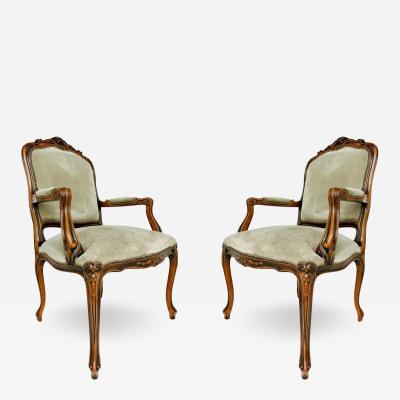  Chateau d Ax Italian Chateau dAx Carved Armchairs in Suede with Brass NailHeads Pair