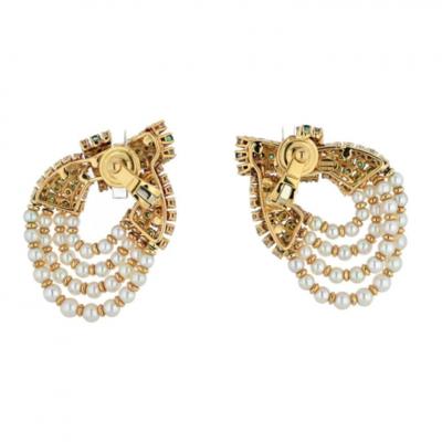  Chaumet PLATINUM 18K YELLOW GOLD DIAMOND PEARL AND GREEN EMERALD CLIP EARRINGS