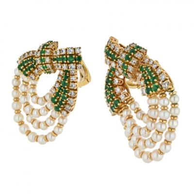  Chaumet PLATINUM 18K YELLOW GOLD DIAMOND PEARL AND GREEN EMERALD CLIP EARRINGS