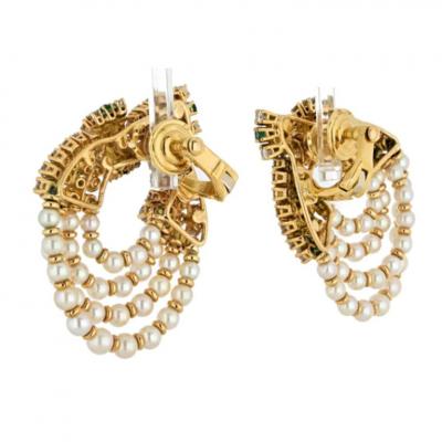  Chaumet PLATINUM 18K YELLOW GOLD DIAMOND PEARL AND GREEN EMERALD CLIP EARRINGS