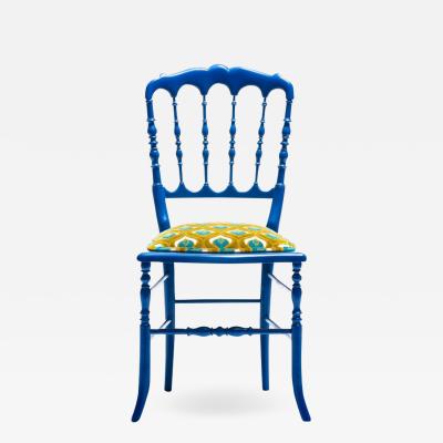  Chiavari Blue Lacquered Chiavari Side Chair with Peacock Feathers in Cut Velvet