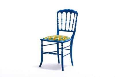  Chiavari Blue Lacquered Chiavari Side Chair with Peacock Feathers in Cut Velvet