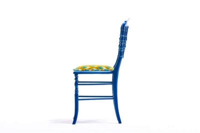  Chiavari Blue Lacquered Chiavari Side Chair with Peacock Feathers in Cut Velvet