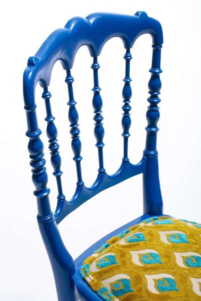  Chiavari Blue Lacquered Chiavari Side Chair with Peacock Feathers in Cut Velvet