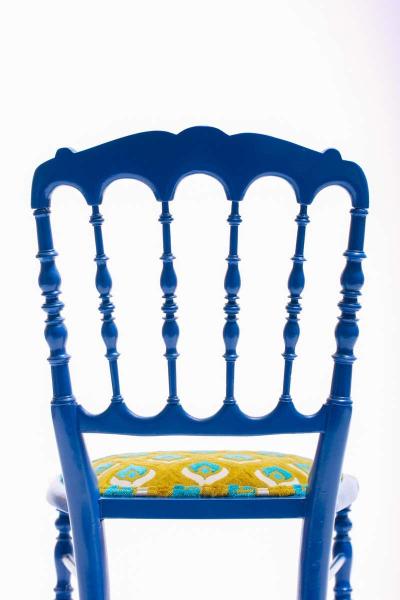  Chiavari Blue Lacquered Chiavari Side Chair with Peacock Feathers in Cut Velvet