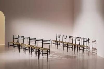  Chiavari Enrico Delmonte set of 12 ash and straw Gobbetta chairs Chiavari Italy 1950s