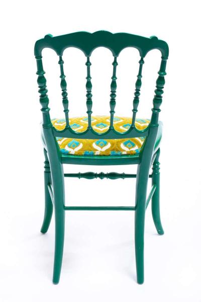  Chiavari Green Lacquered Chiavari Side Chair with Peacock Feathers in Cut Velvet
