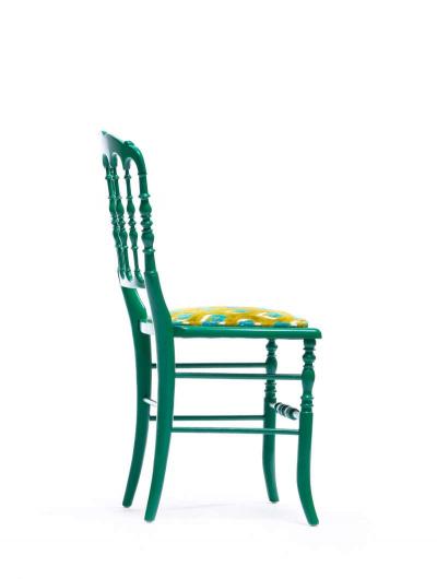  Chiavari Green Lacquered Chiavari Side Chair with Peacock Feathers in Cut Velvet