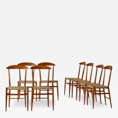  Chiavari Guido Chiappe set of 8 dining chairs made of beech and rope Chiavari 1950s