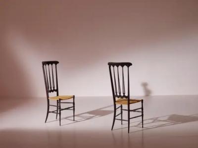  Chiavari Pair of Cane and Beech Spade High Back Chairs Made in Chiavari Italy 1960s