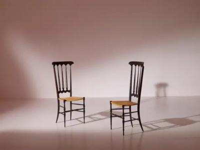  Chiavari Pair of Cane and Beech Spade High Back Chairs Made in Chiavari Italy 1960s