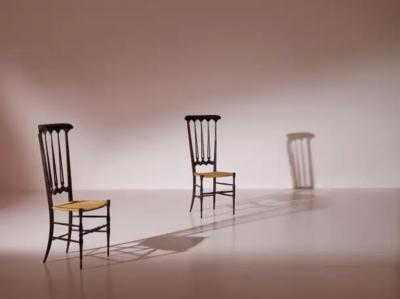  Chiavari Pair of Cane and Beech Spade High Back Chairs Made in Chiavari Italy 1960s