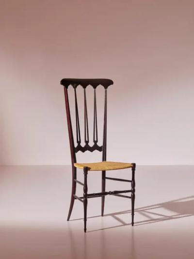  Chiavari Pair of Cane and Beech Spade High Back Chairs Made in Chiavari Italy 1960s