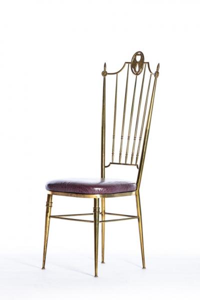  Chiavari Pair of Italian Brass Chiavari Side Chairs with Aubergine Crocodile Leather