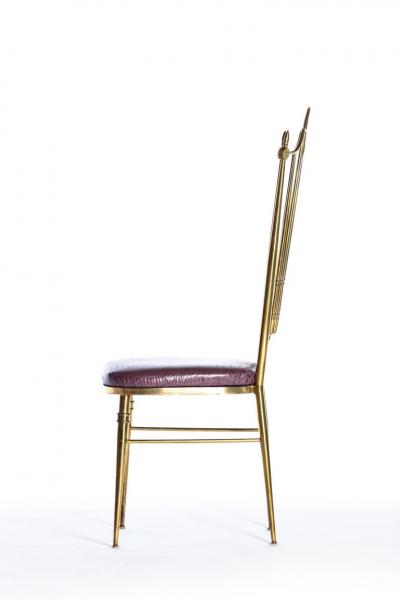  Chiavari Pair of Italian Brass Chiavari Side Chairs with Aubergine Crocodile Leather