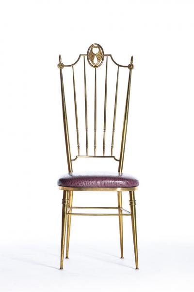  Chiavari Pair of Italian Brass Chiavari Side Chairs with Aubergine Crocodile Leather