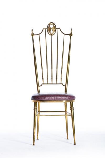 Chiavari Pair of Italian Brass Chiavari Side Chairs with Aubergine Crocodile Leather