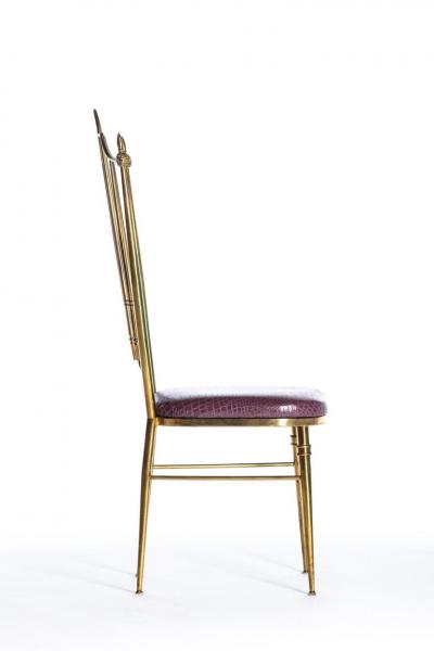  Chiavari Pair of Italian Brass Chiavari Side Chairs with Aubergine Crocodile Leather