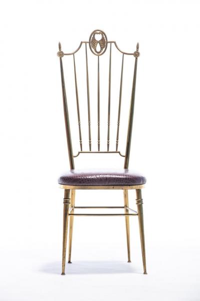  Chiavari Pair of Italian Brass Chiavari Side Chairs with Aubergine Crocodile Leather