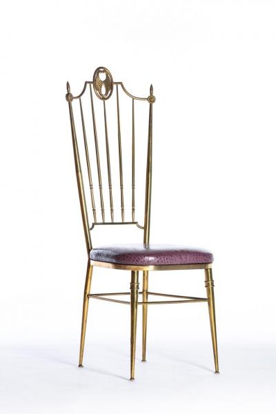  Chiavari Pair of Italian Brass Chiavari Side Chairs with Aubergine Crocodile Leather