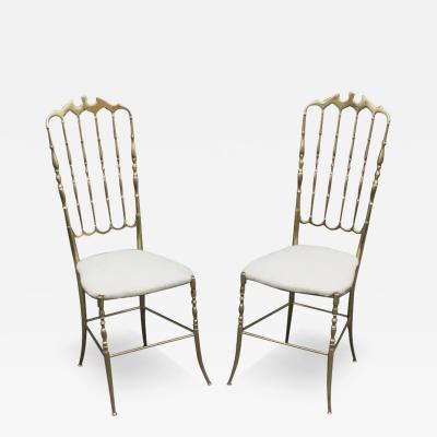  Chiavari Pair of Solid Brass White Upholstered Dining or Side Chairs by Chiavari Italy