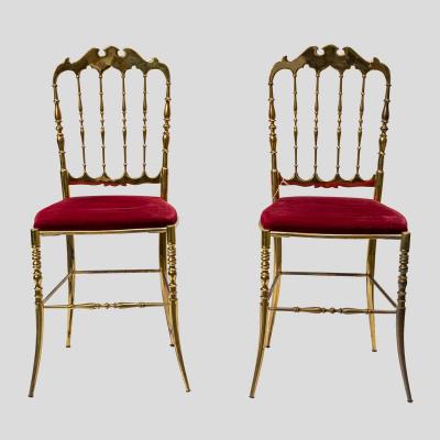  Chiavari Red velvet upholstered brass metal chairs by Chiavari
