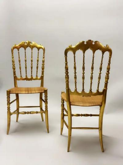  Chiavari Set of 8 Italian Modern Neoclassical Dining Chairs in Carved Gilt Wood Rattan