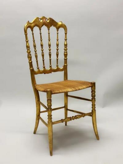  Chiavari Set of 8 Italian Modern Neoclassical Dining Chairs in Carved Gilt Wood Rattan