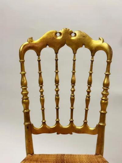  Chiavari Set of 8 Italian Modern Neoclassical Dining Chairs in Carved Gilt Wood Rattan