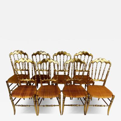  Chiavari Set of 8 Italian Modern Neoclassical Dining Chairs in Carved Gilt Wood Rattan