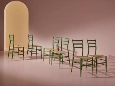 Chiavari Six green stained beech chairs model Tre Stecche by SAC Chiavari Italy 1960s
