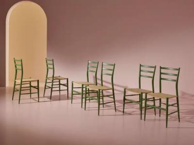  Chiavari Six green stained beech chairs model Tre Stecche by SAC Chiavari Italy 1960s