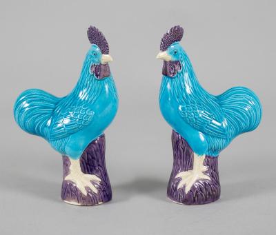  Chinese Porcelain Chinese Export Porcelain Turquoise and Purple Roosters A Pair
