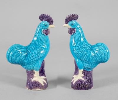  Chinese Porcelain Chinese Export Porcelain Turquoise and Purple Roosters A Pair