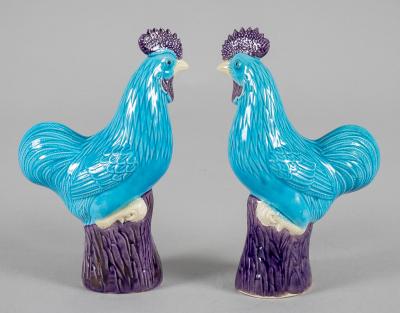  Chinese Porcelain Chinese Export Porcelain Turquoise and Purple Roosters A Pair