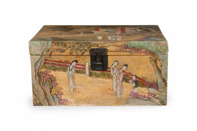  Chinese Porcelain Chinese Wooden Lacquered Rectangular Chest with Hand Painted Figural Scenes