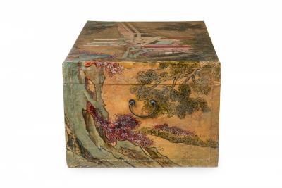  Chinese Porcelain Chinese Wooden Lacquered Rectangular Chest with Hand Painted Figural Scenes