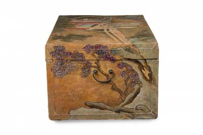  Chinese Porcelain Chinese Wooden Lacquered Rectangular Chest with Hand Painted Figural Scenes