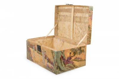  Chinese Porcelain Chinese Wooden Lacquered Rectangular Chest with Hand Painted Figural Scenes