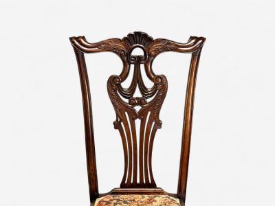  Chippendale Style Georgian Mahogany Fabric Six Chippendale Dining Chairs England 1960s