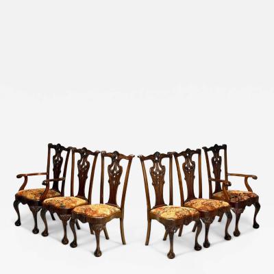  Chippendale Style Georgian Mahogany Fabric Six Chippendale Dining Chairs England 1960s