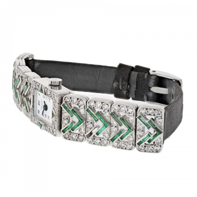  Chopard Chopard Platinum Deco Diamond And Green Emerald Watch
