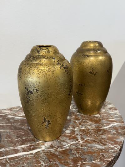  Christofle Cie Pair of French Art Deco dinanderie vases by Luc Lanel for Christofle