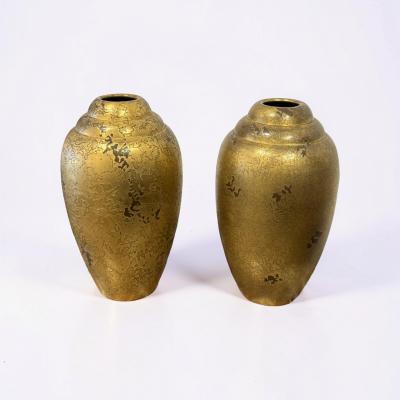 Christofle Cie Pair of French Art Deco dinanderie vases by Luc Lanel for Christofle