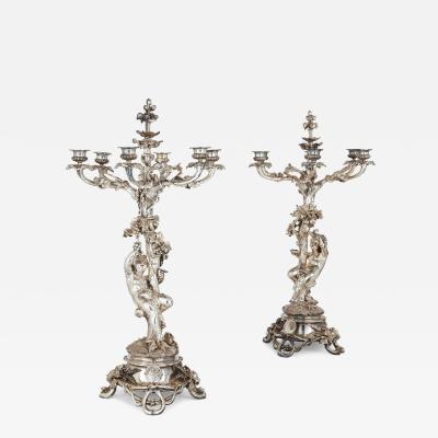  Christofle Pair of antique six light silvered bronze candelabra by Christofle