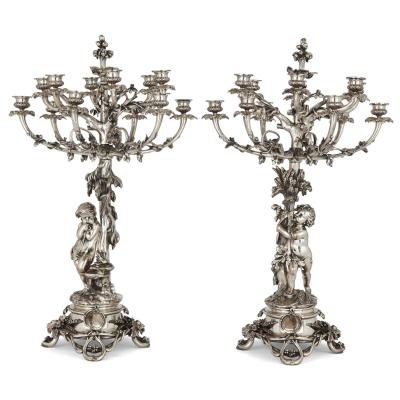 Christofle Pair of large silvered bronze candelabra by Christofle 19th century