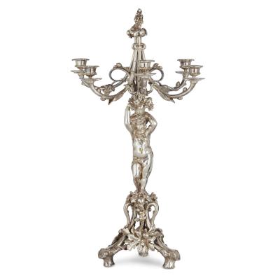 Christofle Pair of six light silvered bronze candelabra attributed to Christofle