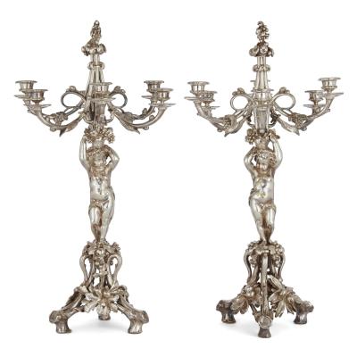 Christofle Pair of six light silvered bronze candelabra attributed to Christofle