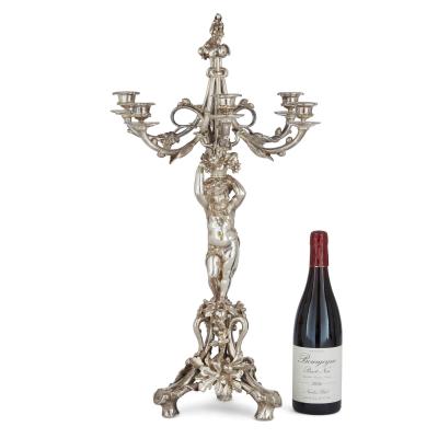 Christofle Pair of six light silvered bronze candelabra attributed to Christofle