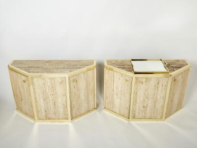  Cittone Oggi Pair of Alfredo Freda brass and travertine cabinets buffets 1975
